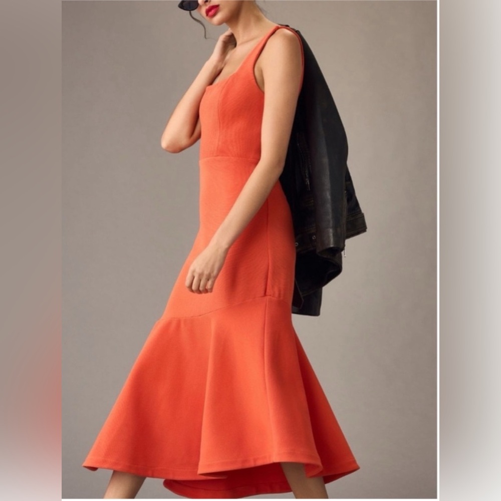 Anthropologie Ariana Square Neck - Vibrant Orange Midi Dress NWOT